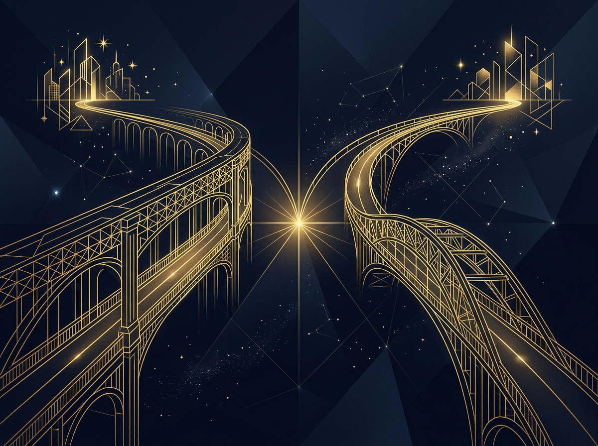 Two golden architectural pathways diverging over a navy void